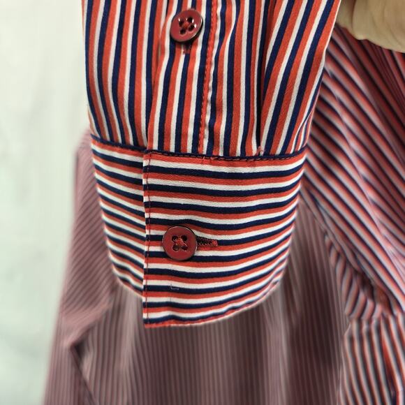 CAbi Shirt Womens Large Blouse Red Orange Blue Striped Button Up 5335 Franklin - Picture 9 of 11